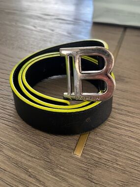 Balmain Black Leather Belt with Neon Yellow Edge and Silver B Buckle